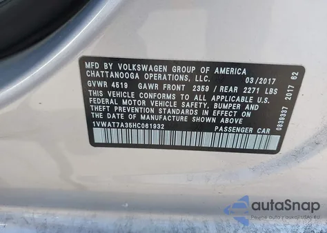 2017 Volkswagen Passat 1.8T S из США, поврежденный, VIN 1VWAT7A35HC061932